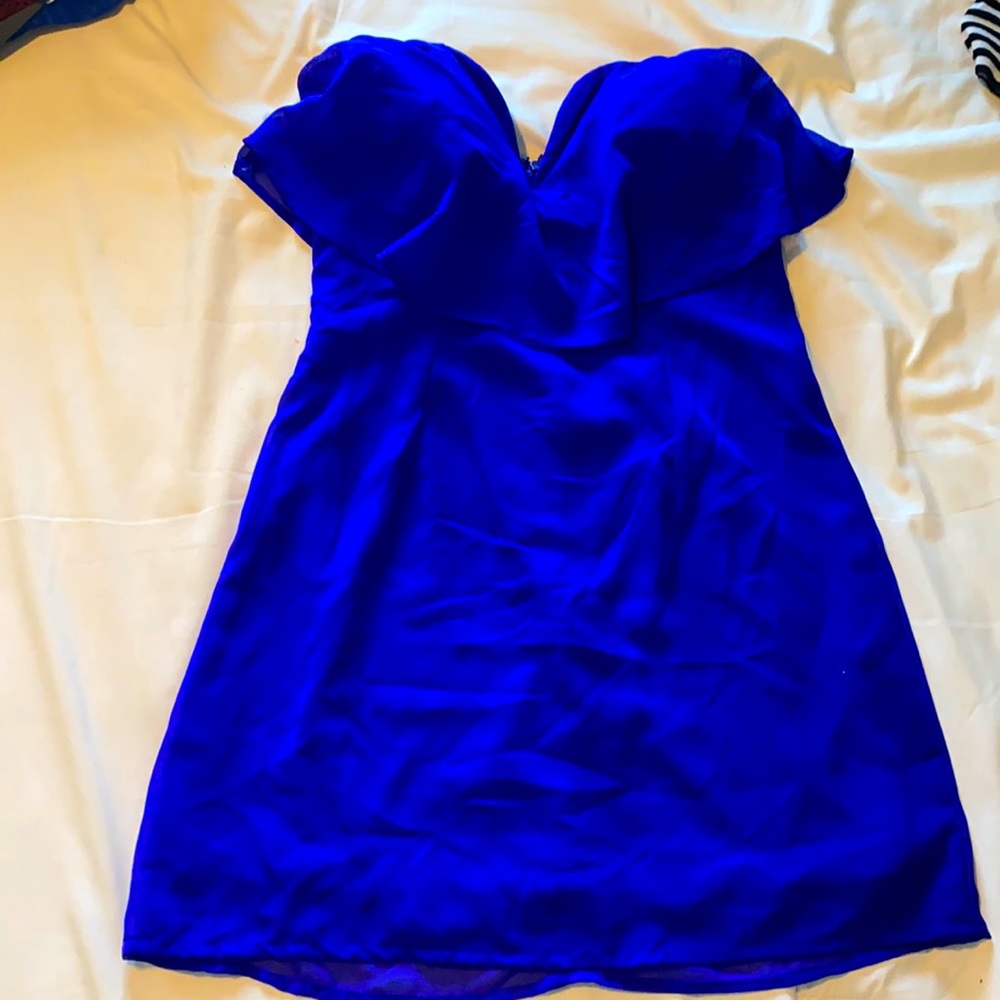 Royal blue strapless v cut dress